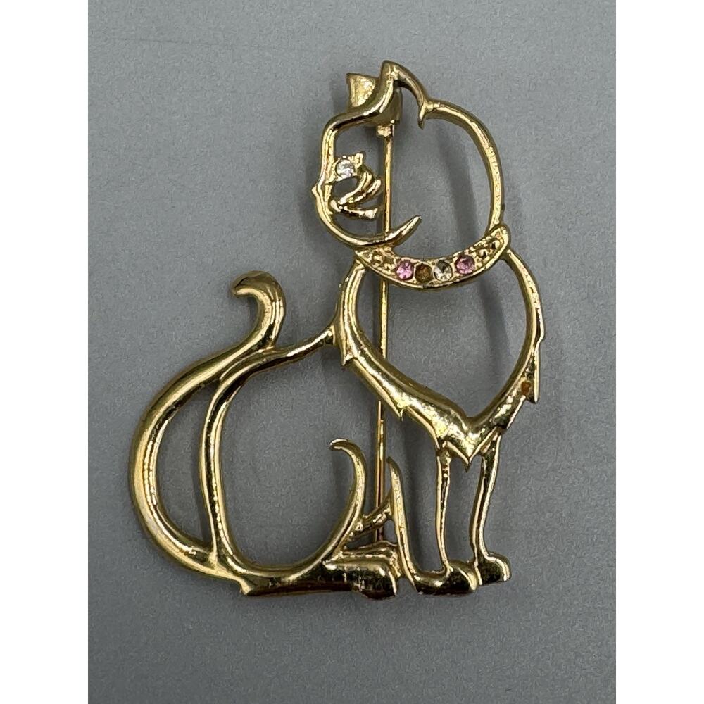 Vintage‎ Gold Colored Pink Rhinestones Kitty Kitten Cat Brooch Pin READ DETAILS